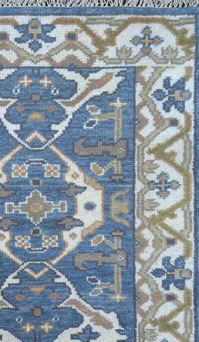 Turkish Oushak Style Runner 2.6x10, Blue Wool Bohemian Hallway Rug, Handmade Geometric Design