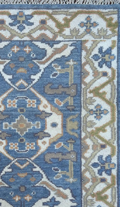 Turkish Oushak Style Runner 2.6x10, Blue Wool Bohemian Hallway Rug, Handmade Geometric Design