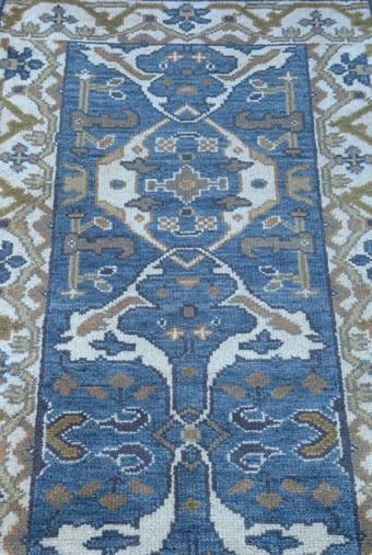 Turkish Oushak Style Runner 2.6x10, Blue Wool Bohemian Hallway Rug, Handmade Geometric Design