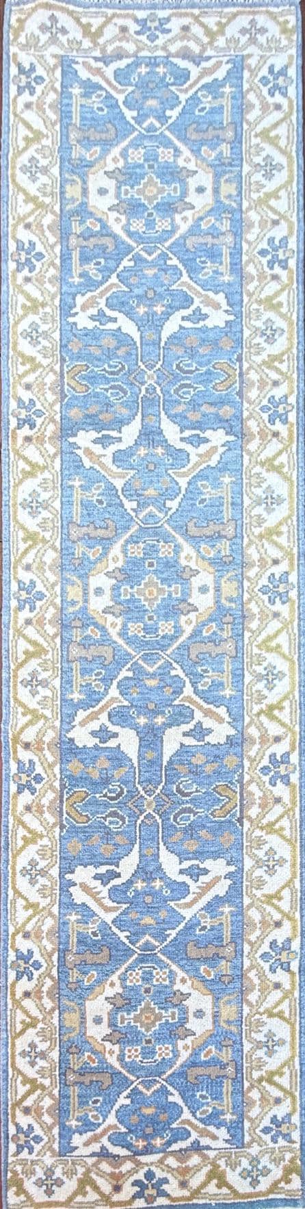 Turkish Oushak Style Runner 2.6x10, Blue Wool Bohemian Hallway Rug, Handmade Geometric Design