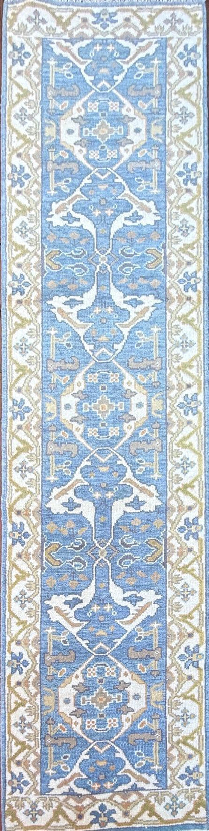 Turkish Oushak Style Runner 2.6x10, Blue Wool Bohemian Hallway Rug, Handmade Geometric Design