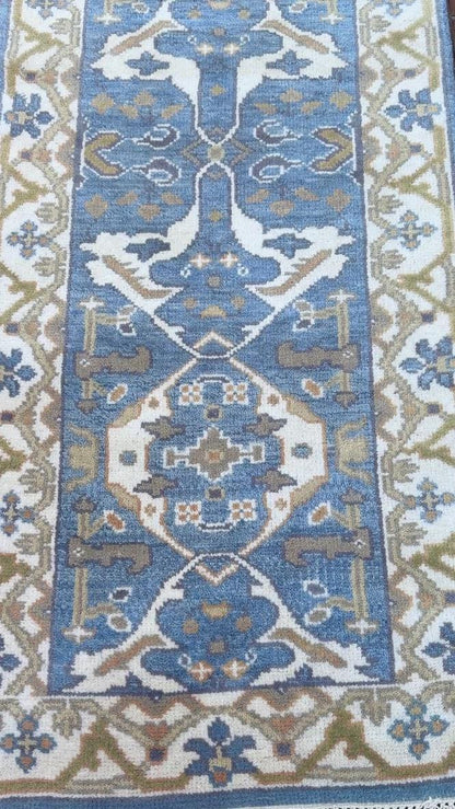 Turkish Oushak Style Runner 2.6x10, Blue Wool Bohemian Hallway Rug, Handmade Geometric Design
