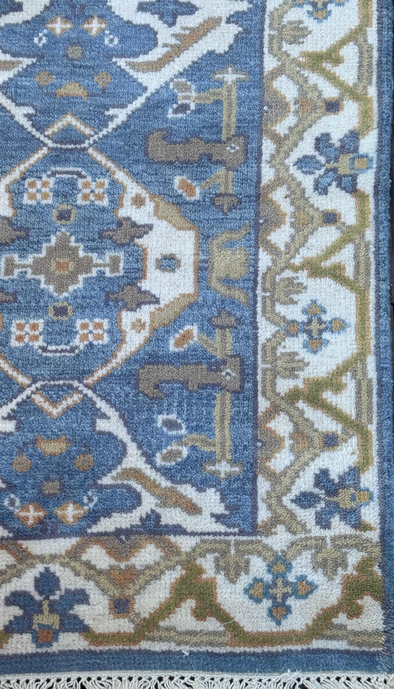 Turkish Oushak Style Runner 2.6x10, Blue Wool Bohemian Hallway Rug, Handmade Geometric Design