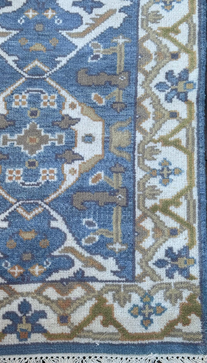 Turkish Oushak Style Runner 2.6x10, Blue Wool Bohemian Hallway Rug, Handmade Geometric Design