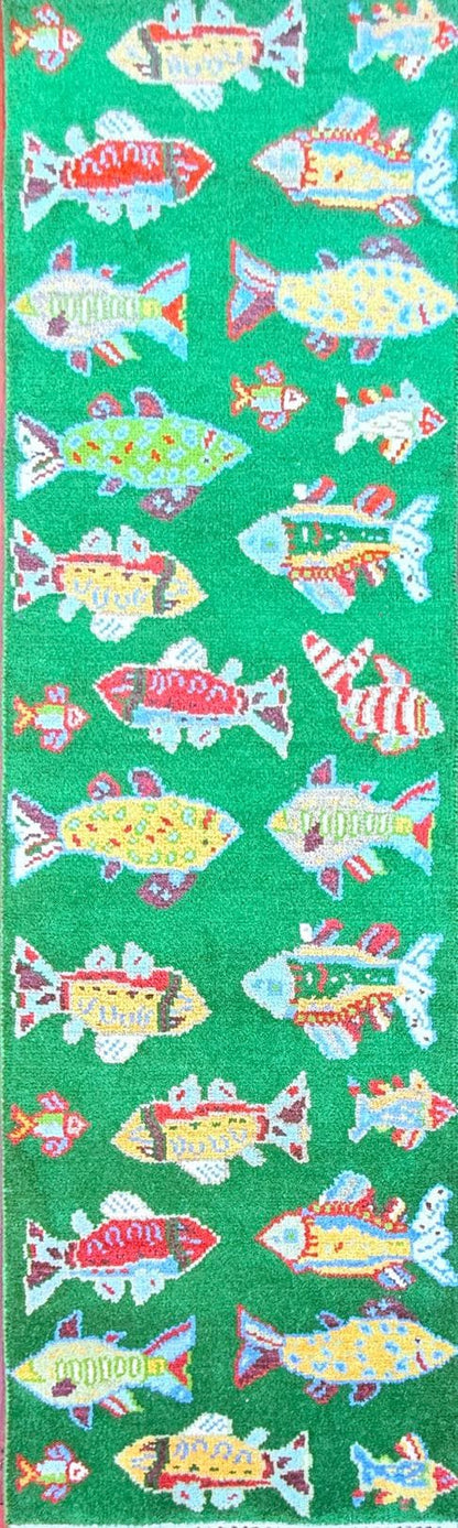 Turkish Fish Runner 2.5x8, Green Wool Sea Animal Design, Handmade Bohemian Hallway Rug
