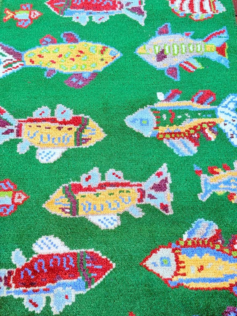 Turkish Fish Runner 2.5x8, Green Wool Sea Animal Design, Handmade Bohemian Hallway Rug