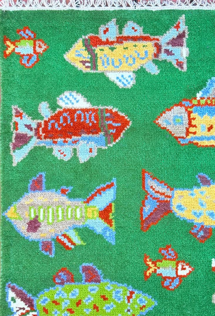 Turkish Fish Runner 2.5x8, Green Wool Sea Animal Design, Handmade Bohemian Hallway Rug