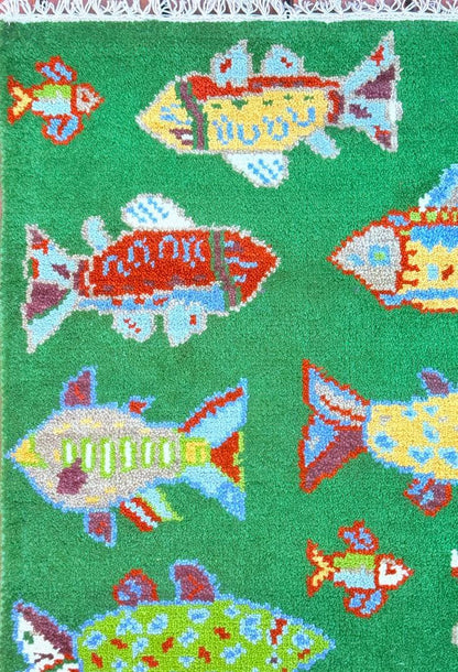 Turkish Fish Runner 2.5x8, Green Wool Sea Animal Design, Handmade Bohemian Hallway Rug