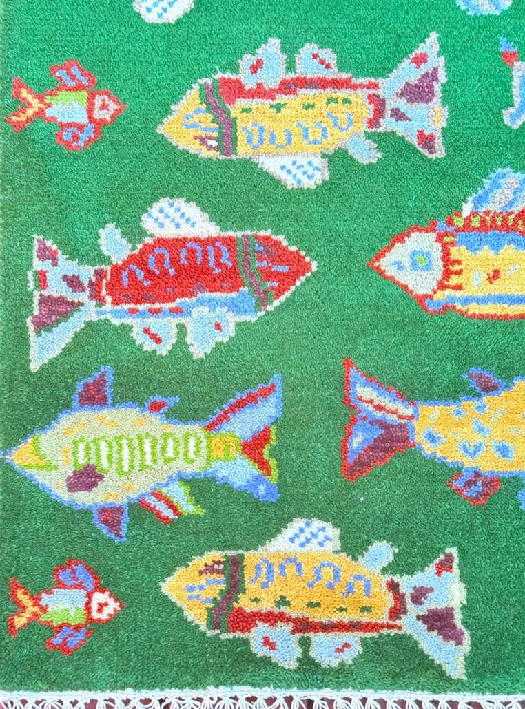 Turkish Fish Runner 2.5x8, Green Wool Sea Animal Design, Handmade Bohemian Hallway Rug