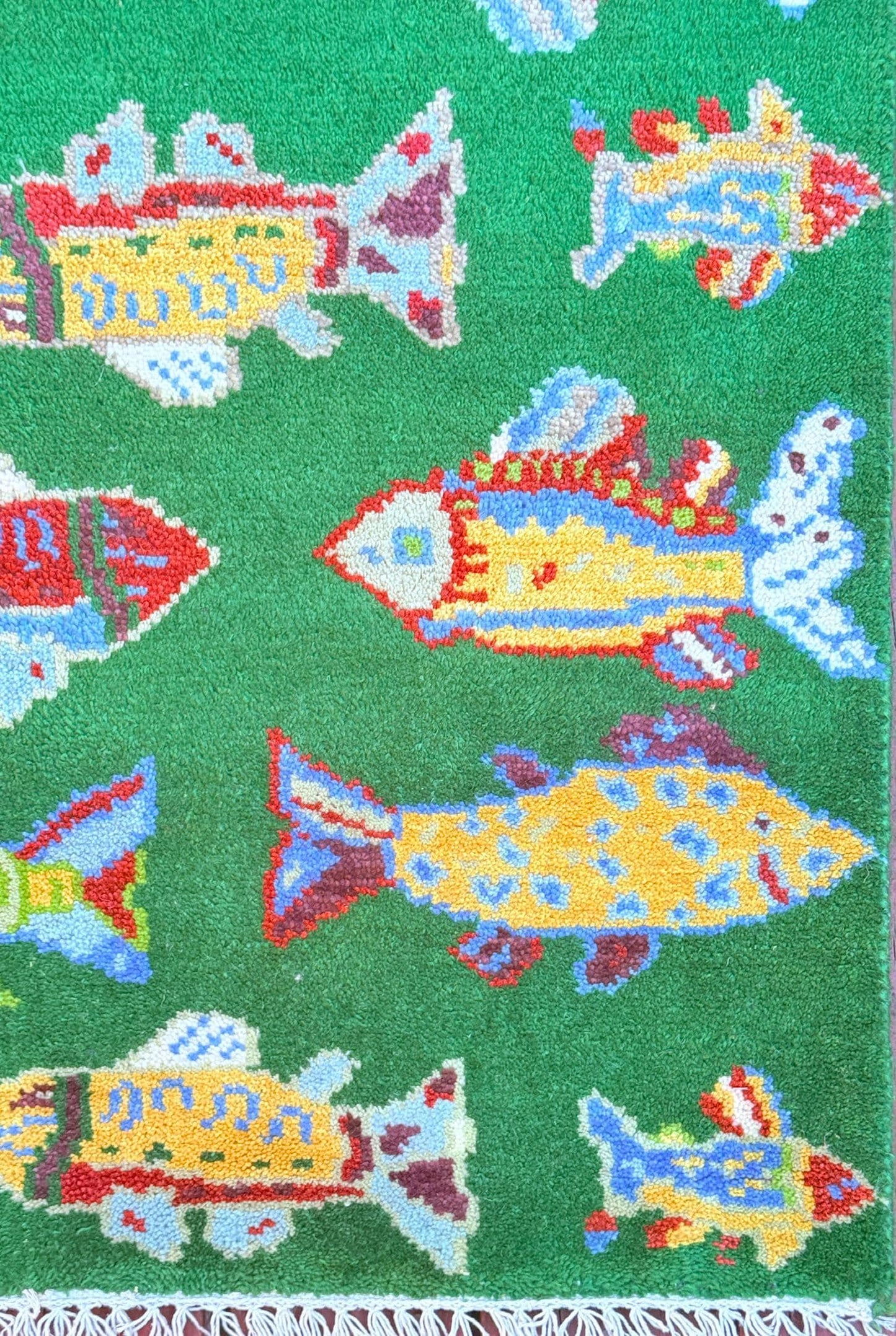Turkish Fish Runner 2.5x8, Green Wool Sea Animal Design, Handmade Bohemian Hallway Rug