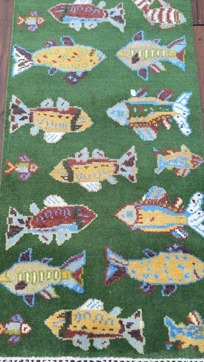 Turkish Fish Runner 2.5x8, Green Wool Sea Animal Design, Handmade Bohemian Hallway Rug