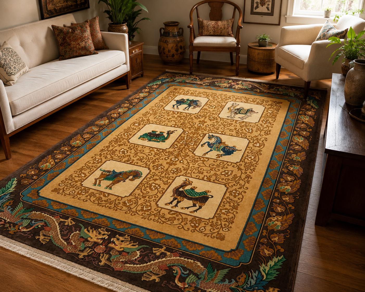 Vintage Chinese Pictorial Rug 6x10 Hand Knotted Wool Oriental Carpet Dragon Border