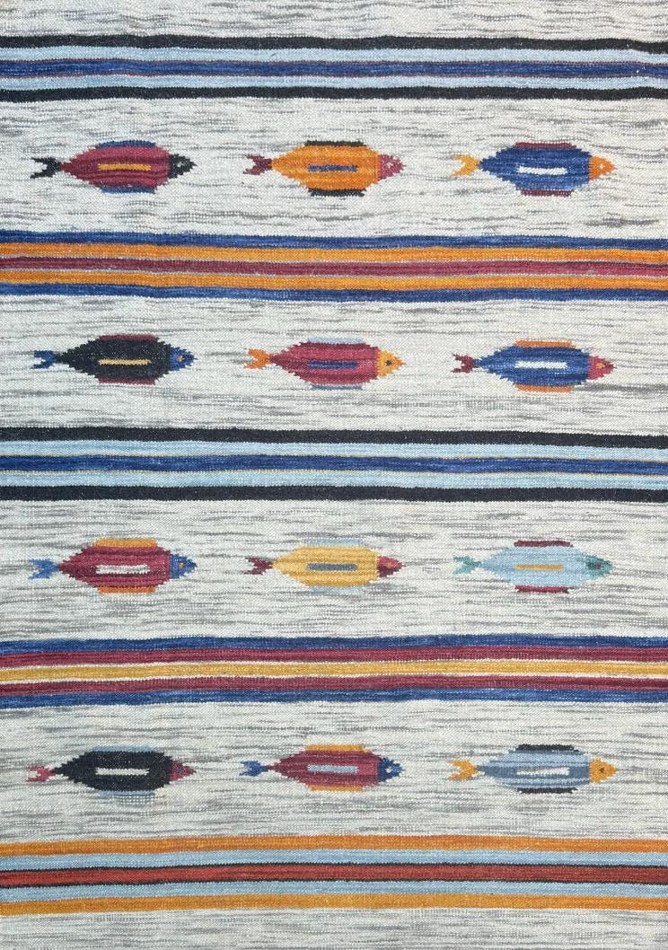 Turkish Kilim 4x6, Tree of Life Fish Design, Handmade Wool Bohemian Flatweave Accent Rug