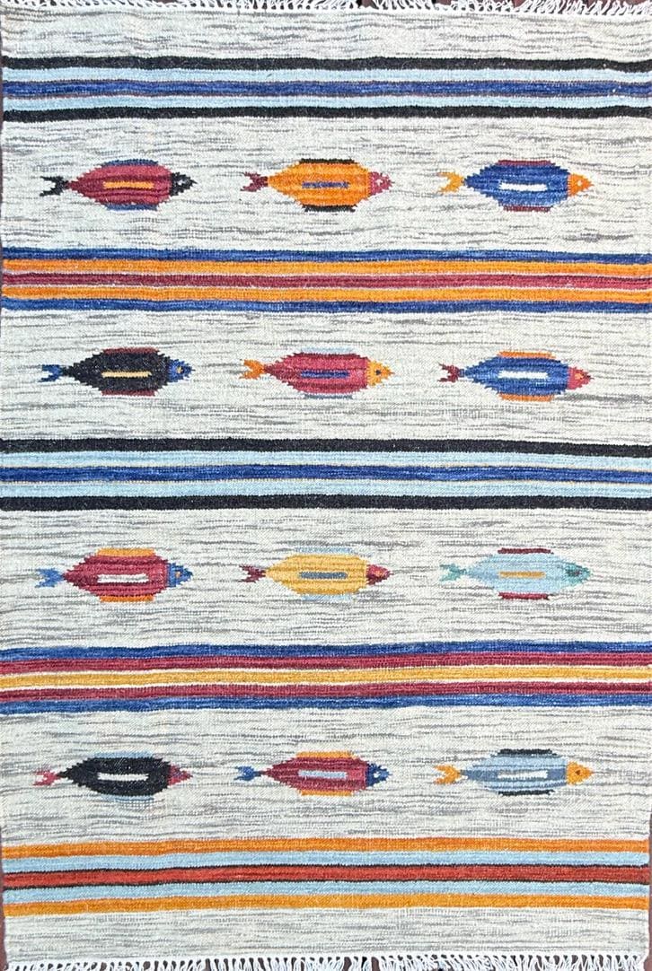 Turkish Kilim 4x6, Tree of Life Fish Design, Handmade Wool Bohemian Flatweave Accent Rug