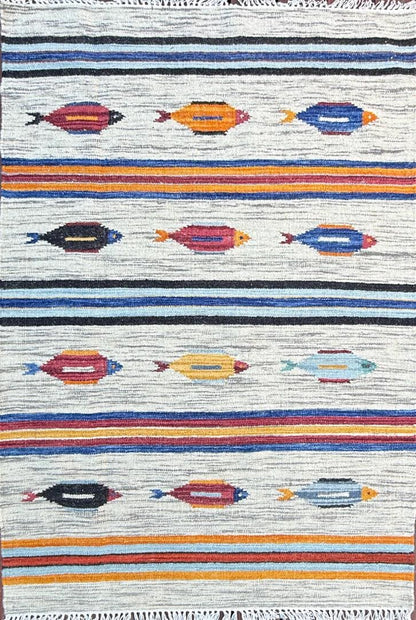 Turkish Kilim 4x6, Tree of Life Fish Design, Handmade Wool Bohemian Flatweave Accent Rug