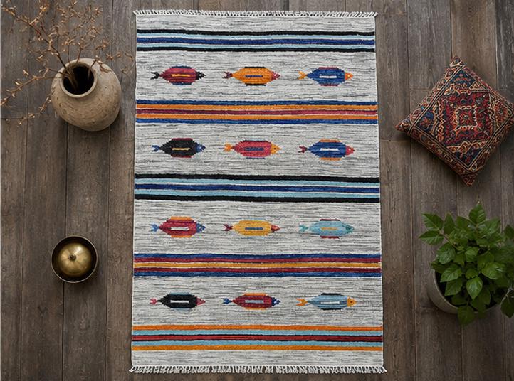 Turkish Kilim 4x6, Tree of Life Fish Design, Handmade Wool Bohemian Flatweave Accent Rug