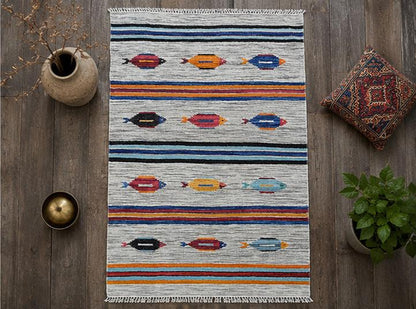 Turkish Kilim 4x6, Tree of Life Fish Design, Handmade Wool Bohemian Flatweave Accent Rug