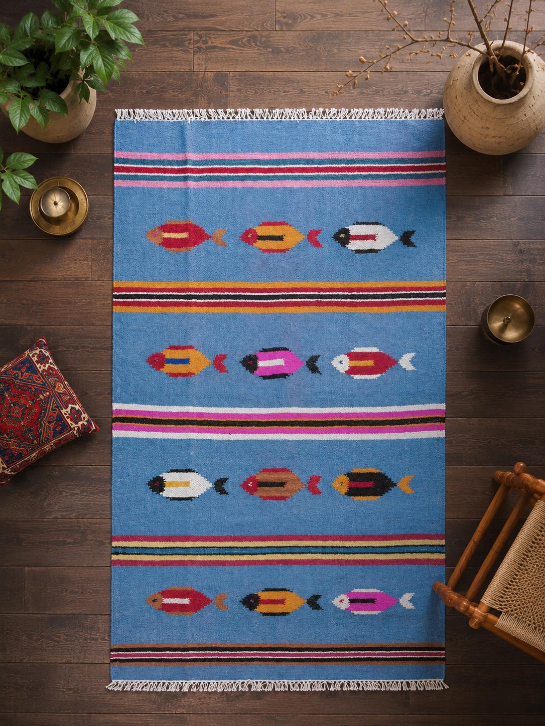 Turkish Kilim 4x6, Tree of Life Fish Design, Handmade Wool Bohemian Flatweave Accent Rug