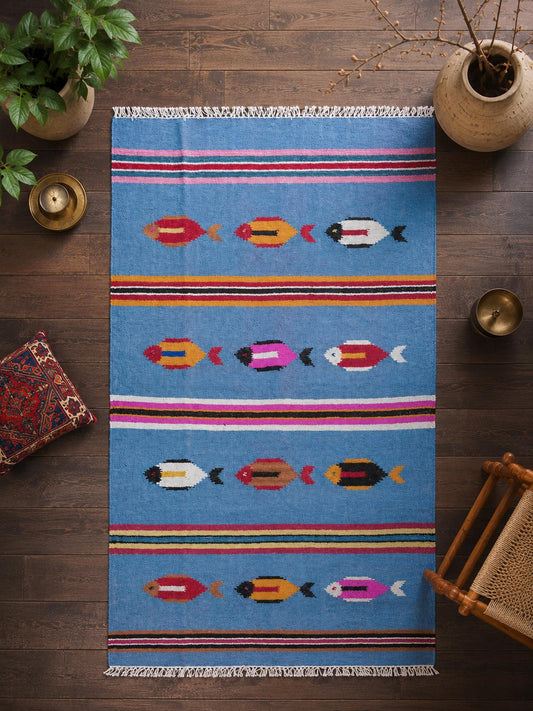 Turkish Kilim 4x6, Tree of Life Fish Design, Handmade Wool Bohemian Flatweave Accent Rug