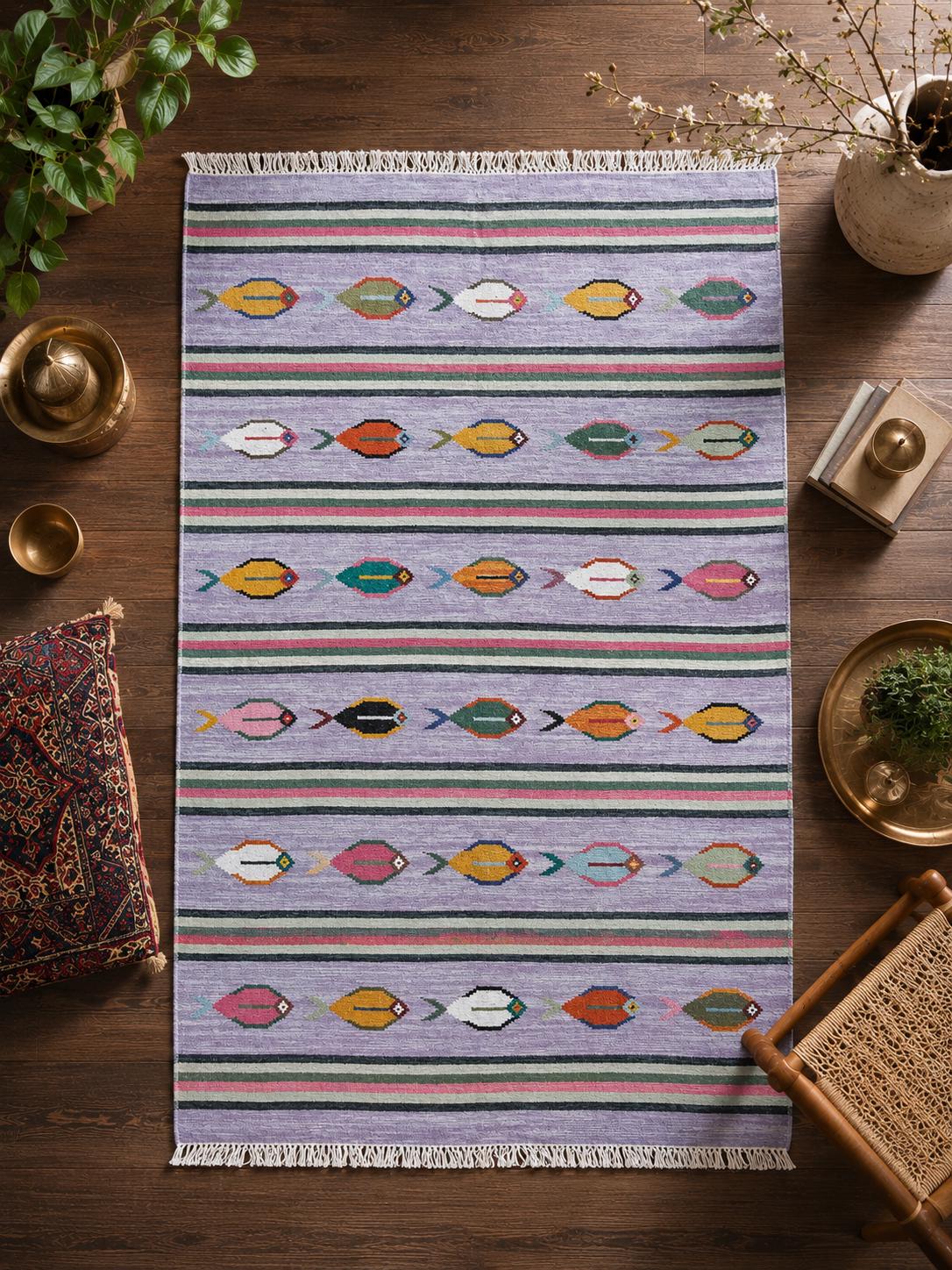 Modern Anatolian Kilim 6x9, Flatweave Wool Fish Design, Handmade Geometric Boho Area Rug