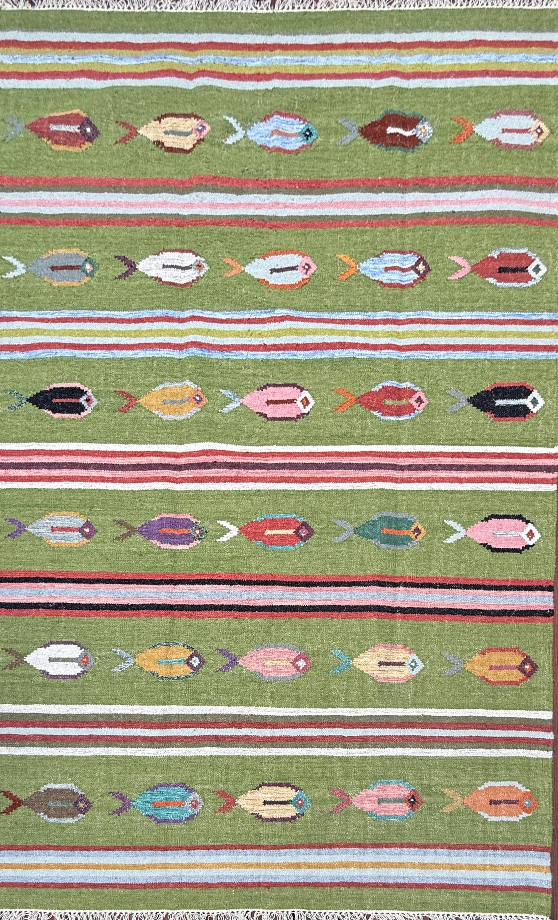 6x9 ft Handwoven Kilim Rug: Wool Geometric Flatweave Fish Design
