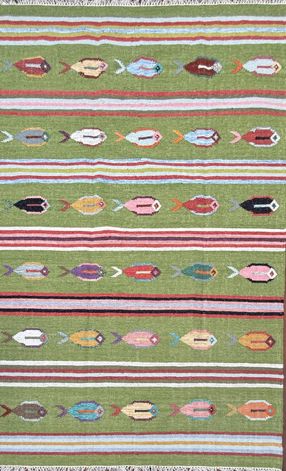 6x9 ft Handwoven Kilim Rug: Wool Geometric Flatweave Fish Design
