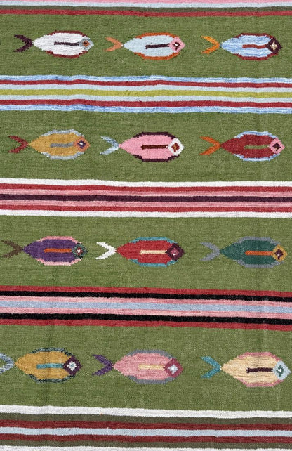 6x9 ft Handwoven Kilim Rug: Wool Geometric Flatweave Fish Design