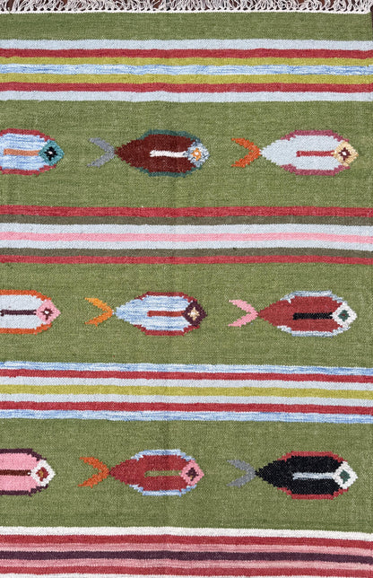 6x9 ft Handwoven Kilim Rug: Wool Geometric Flatweave Fish Design