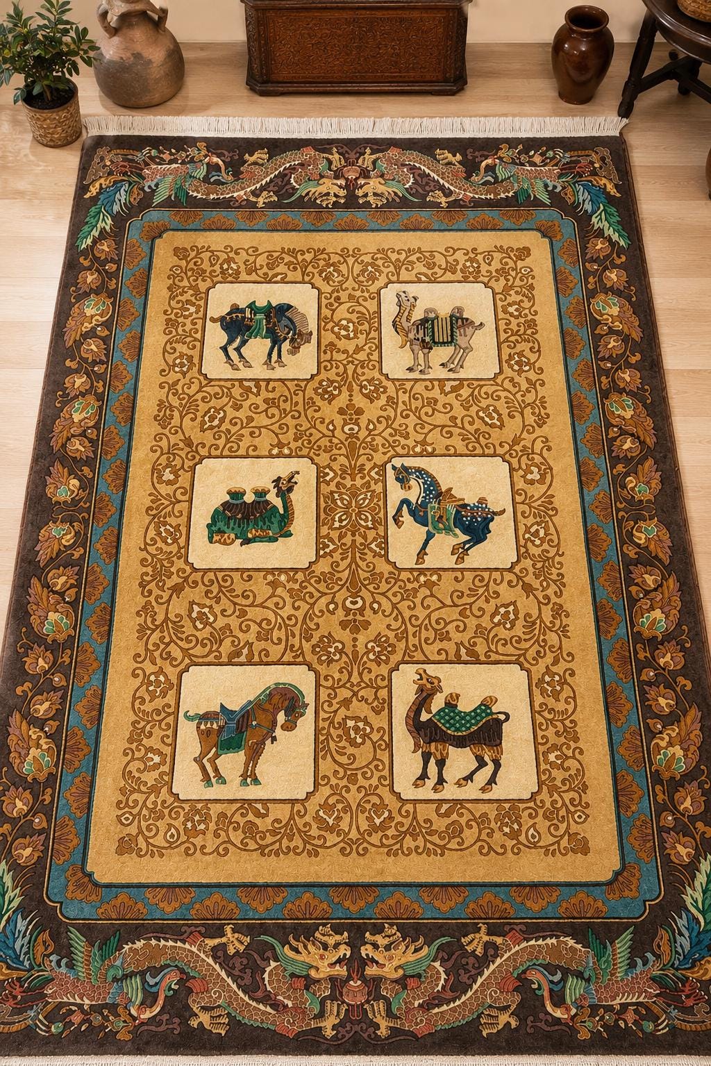Vintage Chinese Pictorial Rug 6x10 Hand Knotted Wool Oriental Carpet Dragon Border