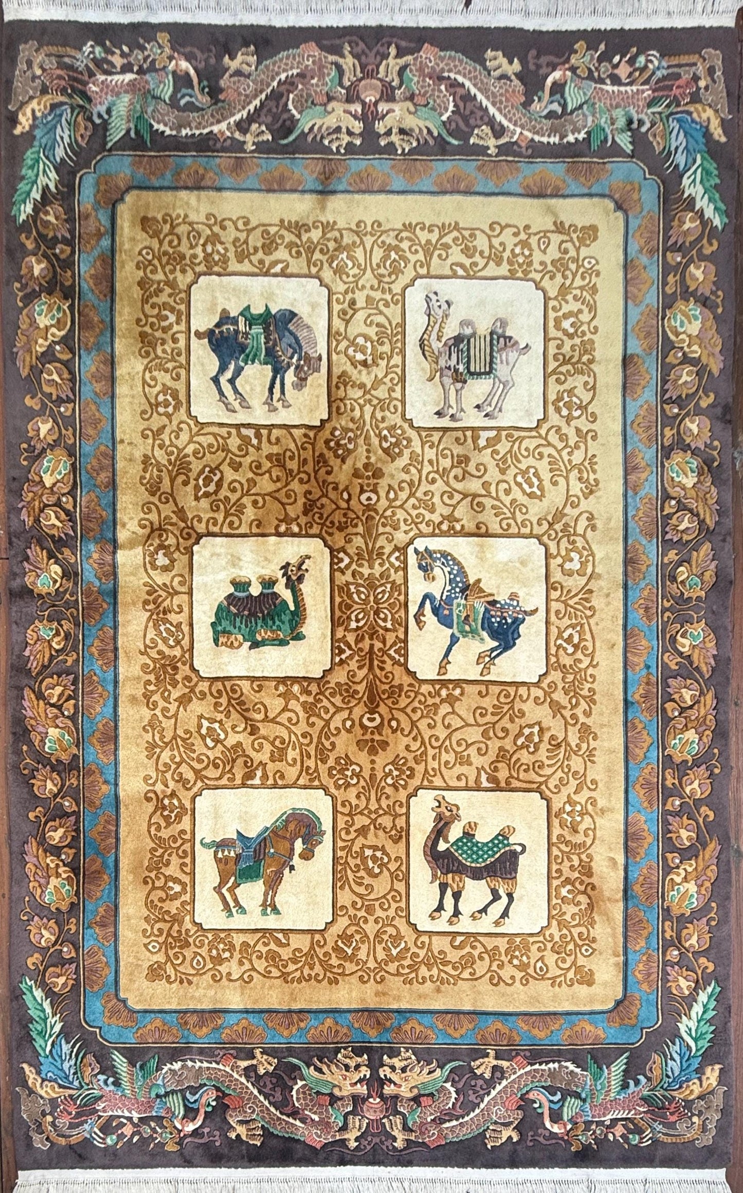 Vintage Chinese Pictorial Rug 6x10 Hand Knotted Wool Oriental Carpet Dragon Border