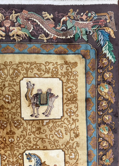 Vintage Chinese Pictorial Rug 6x10 Hand Knotted Wool Oriental Carpet Dragon Border