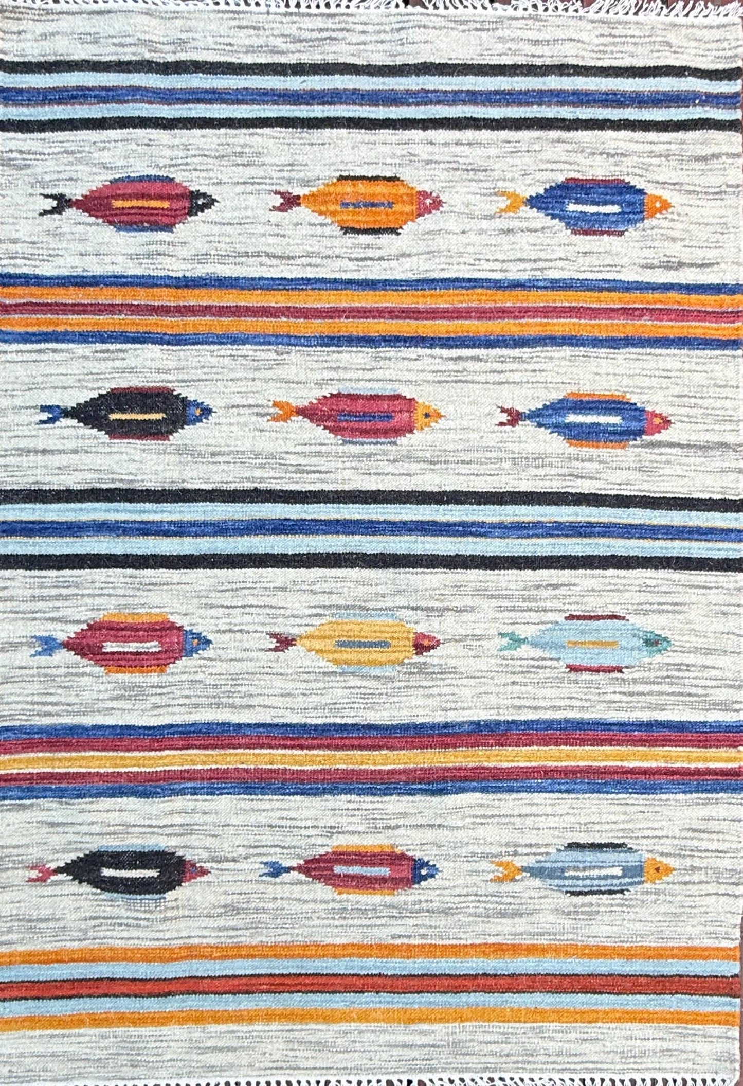 Turkish Kilim 4x6, Tree of Life Fish Design, Handmade Wool Bohemian Flatweave Accent Rug