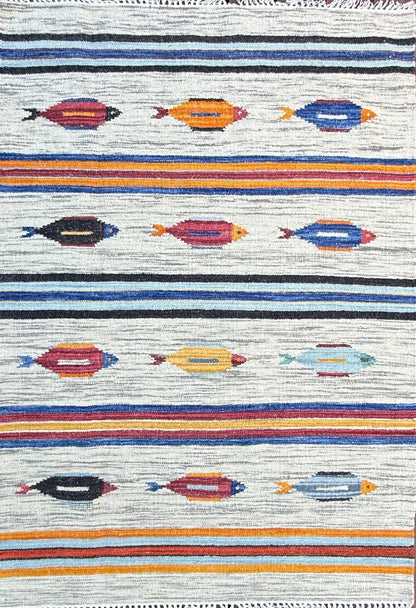 Turkish Kilim 4x6, Tree of Life Fish Design, Handmade Wool Bohemian Flatweave Accent Rug