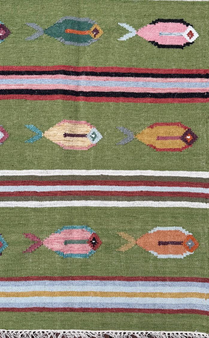6x9 ft Handwoven Kilim Rug: Wool Geometric Flatweave Fish Design