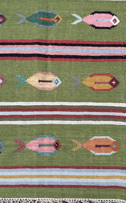 6x9 ft Handwoven Kilim Rug: Wool Geometric Flatweave Fish Design