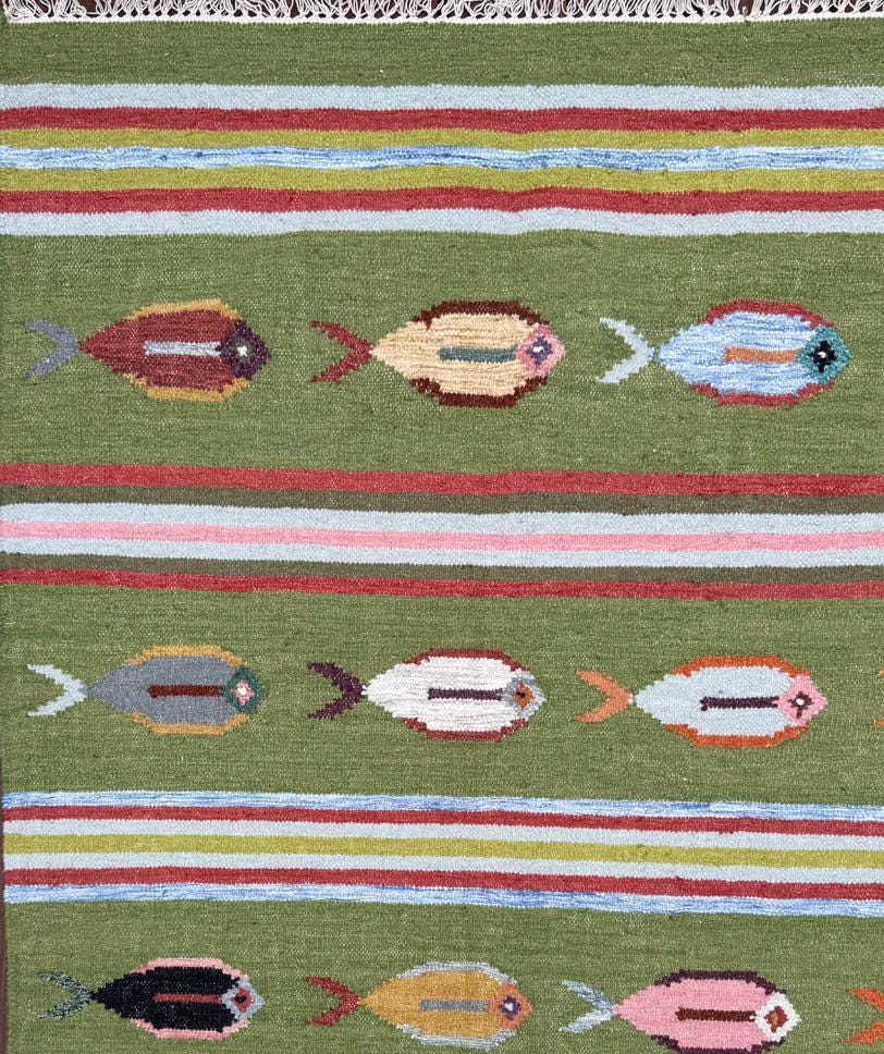 6x9 ft Handwoven Kilim Rug: Wool Geometric Flatweave Fish Design