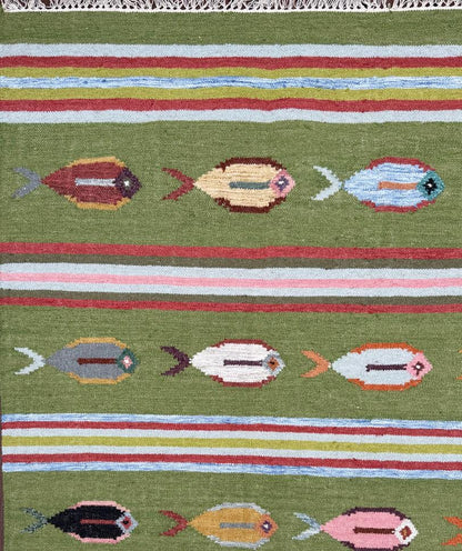 6x9 ft Handwoven Kilim Rug: Wool Geometric Flatweave Fish Design