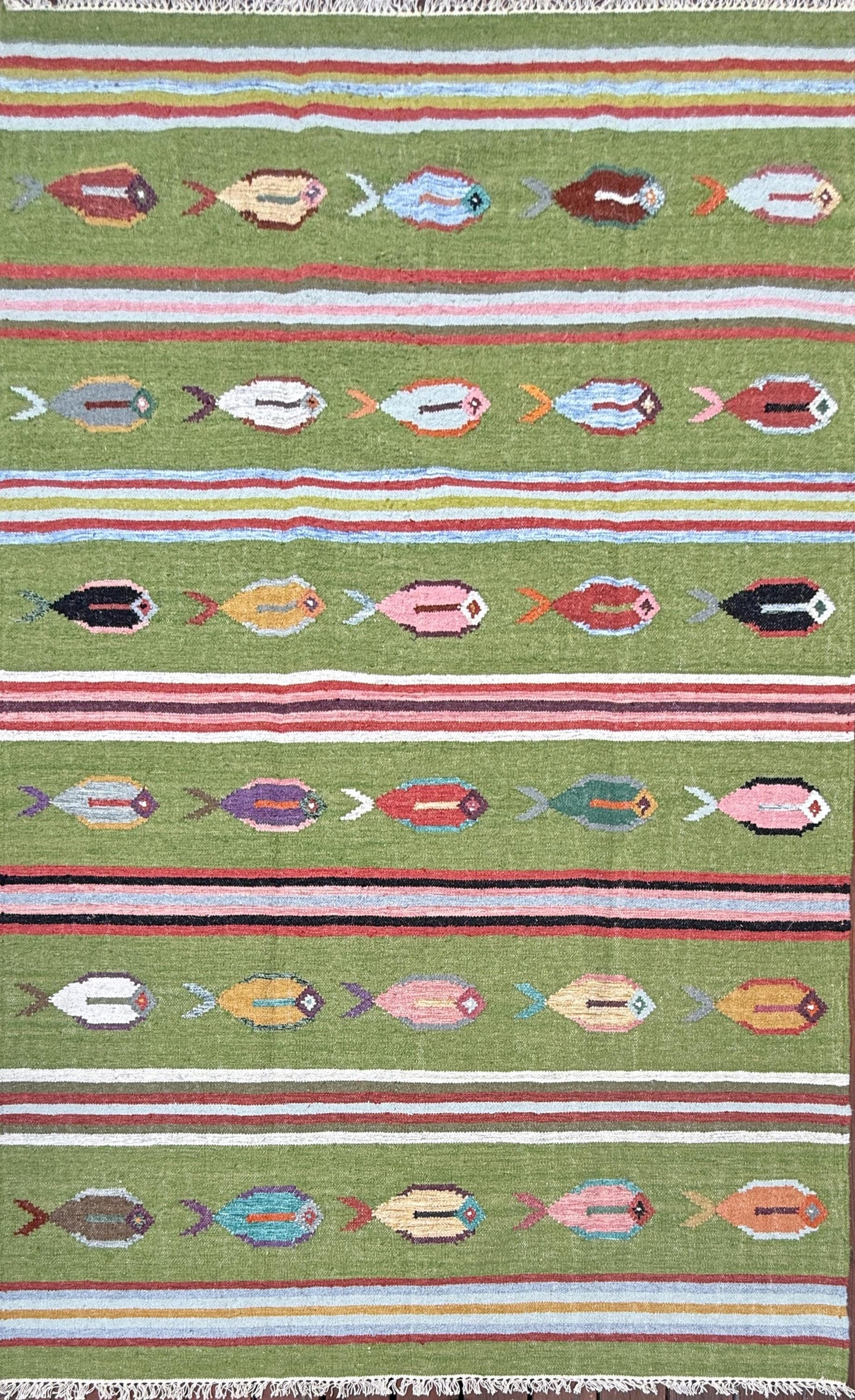 6x9 ft Handwoven Kilim Rug: Wool Geometric Flatweave Fish Design