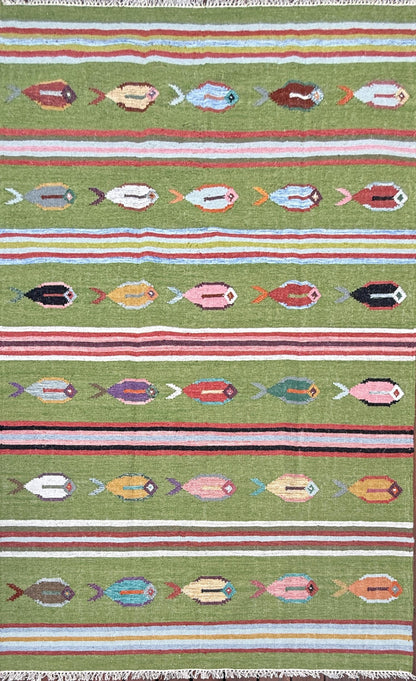 6x9 ft Handwoven Kilim Rug: Wool Geometric Flatweave Fish Design