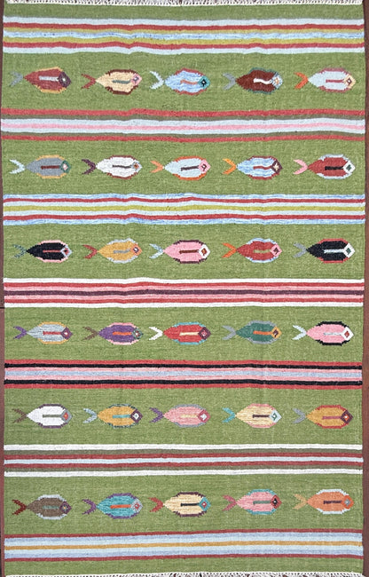 6x9 ft Handwoven Kilim Rug: Wool Geometric Flatweave Fish Design