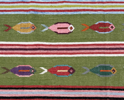 6x9 ft Handwoven Kilim Rug: Wool Geometric Flatweave Fish Design