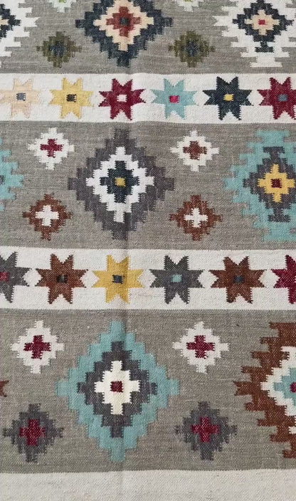 5x8 ft Anatolian Kilim Rug: Hand Knotted Scandinavian Geometric Wool Carpet