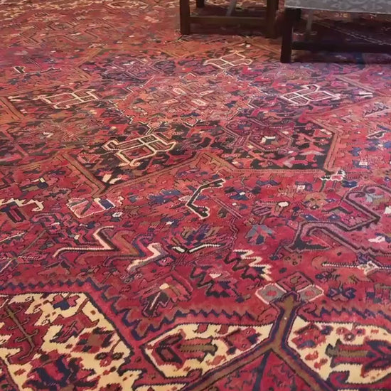 9x12 ft. Heriz Geometric Rug, 1930s Vintage Hand Knotted Wool Carpet, Large Oriental Area Rug