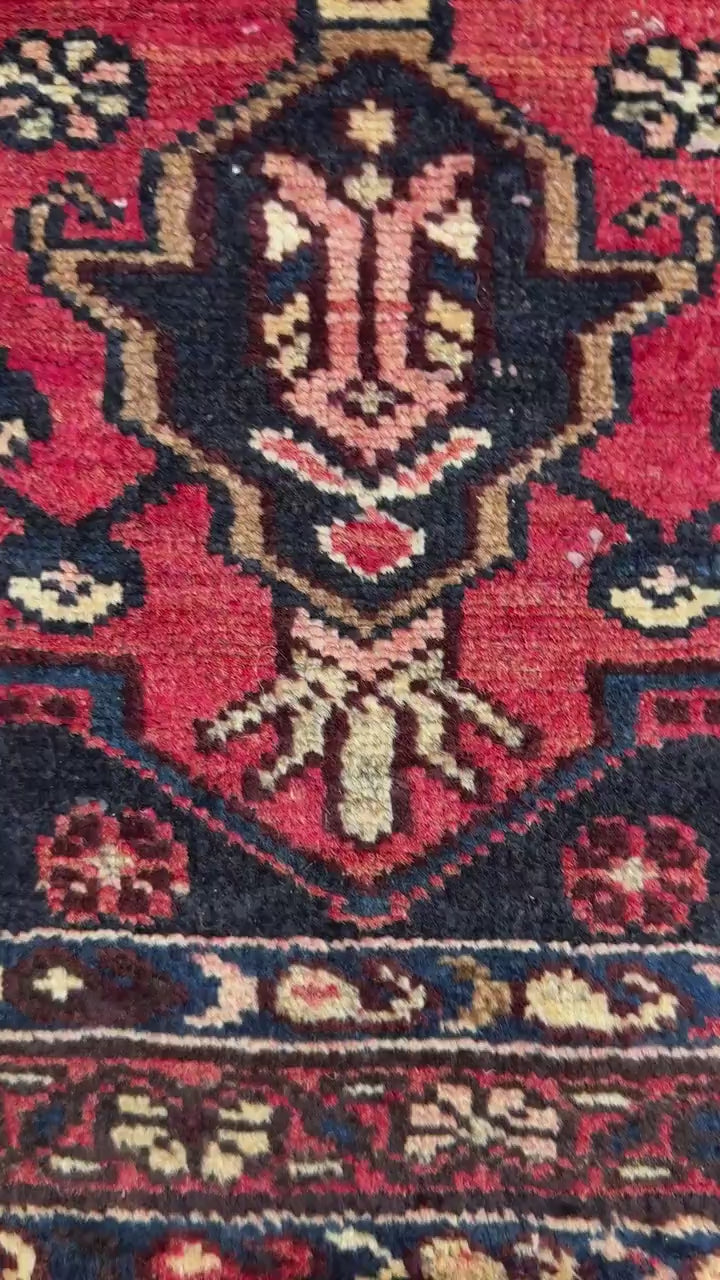 3.2x10.1 ft Vintage 1930s Runner Rug: Hand Knotted Wool Anatolian Farmhouse Village Carpet, Geometric Tribal Design