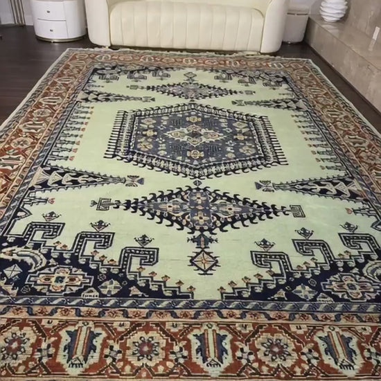 9x12 ft Heriz Modern Rug: Hand Knotted Boho Wool Carpet