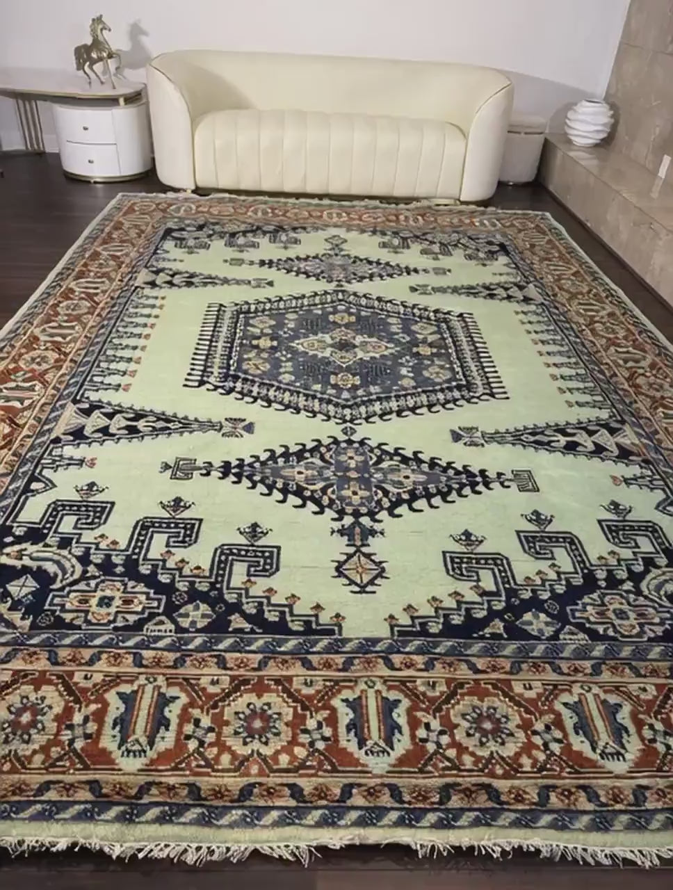 9x12 ft Heriz Modern Rug: Hand Knotted Boho Wool Carpet
