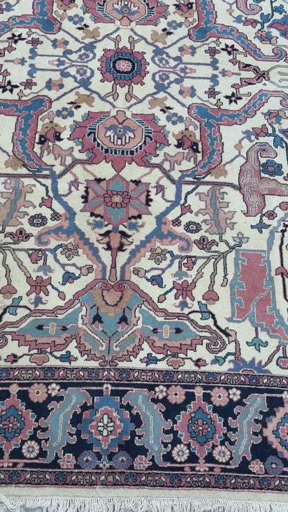 Large Vintage Heriz Style Rug 12.9x9.3 ft – Hand Knotted Wool Carpet – Persian Serapi Design – Blue Ivory Oriental Rug