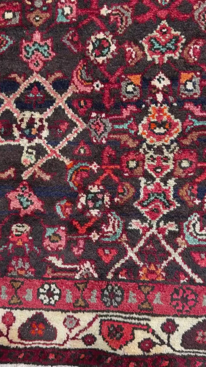 3.9x9.9 ft Vintage 1940s Anatolian Rug: Hand Knotted Wool Village Carpet, Geometric Tribal Design