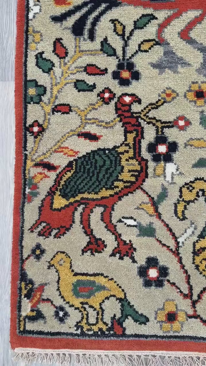 3x5 ft Bohemian Oushak Rug: Tree of Life Bird Design Modern Hand Knotted Wool Carpet