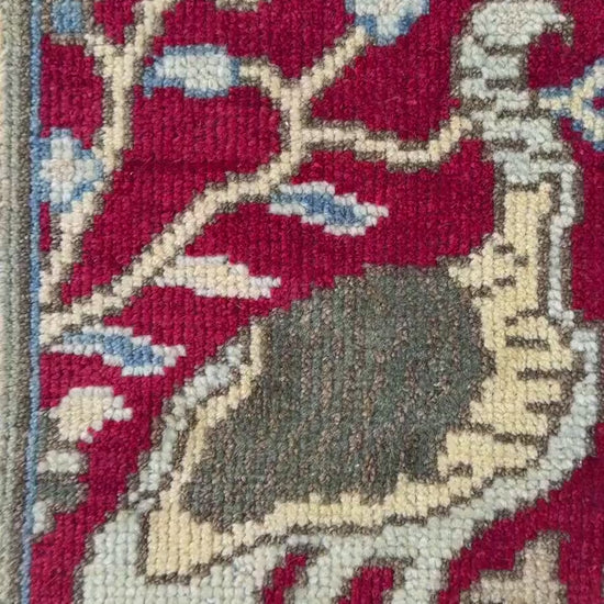 1.11x3 ft Bohemian Oushak Rug: Hand-Knotted Birds Design, Contemporary Wool Carpet